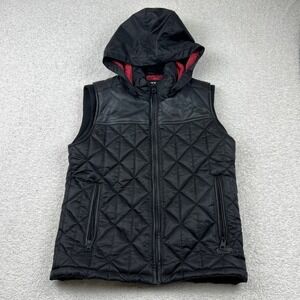 Guess Mens Black Quilted Puffer Vest Hooded Faux Leather Yoke Red Lining M